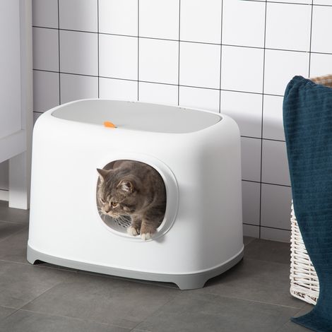 Bac à litière pour chat maison de toilette fermée avec couvercle et pelle, Plastique (PP), blanc, 55L x 40l x 39H cm