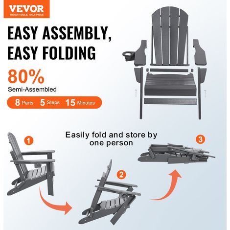 Chaise Adirondack en Plastique, Lot de 2, Fauteuil de Jardin Pliant Portable, Charge 181,4 kg, avec Porte-Gobelet, Accoudoir Relaxa… (1/5)