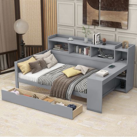 Letto singolo 90x200 cm grigio in truciolare e MDF con scrivania, prese USB, ripiani e 2 cassetti (1/5)