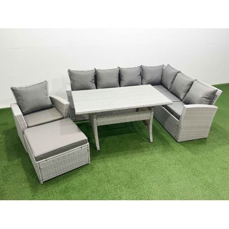 Fimous Rattan Garden Furniture Set Outdoor 8 Seater Patio Dining Corner Sofa Sets with Dining Table Chair Big Footstool Light Grey Mixed (1/4)