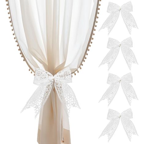 CCYKXA  Set of 4 cotton curtain tiebacks, wreath style curtain tiebacks, bohemian style curtain tiebacks, suitable for home, bedroom and office, bouquet pattern, beige (with bow). (1/5)