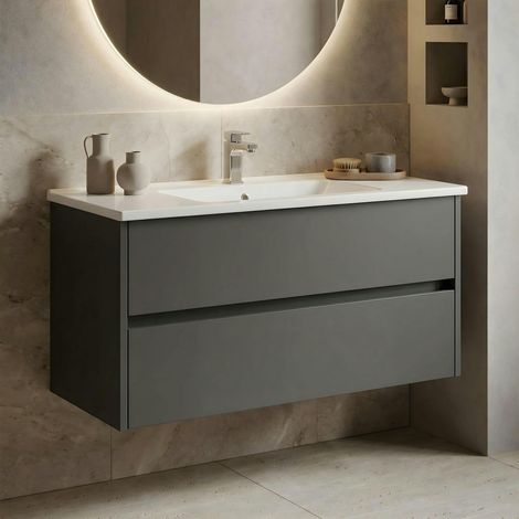 Meuble vasque suspendu 100 cm anthracite 2 tiroirs NAÏA (1/4)