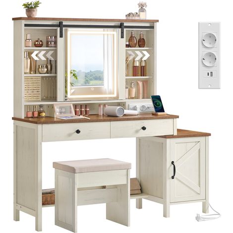 Coiffeuse avec Miroir et Éclairage, Style Ferme, avec Tabouret, Multiprise, 2 Tiroirs, Rangement pour Bijoux, Blanc Rustique et Marron Miel RDT136W01 (1/5)