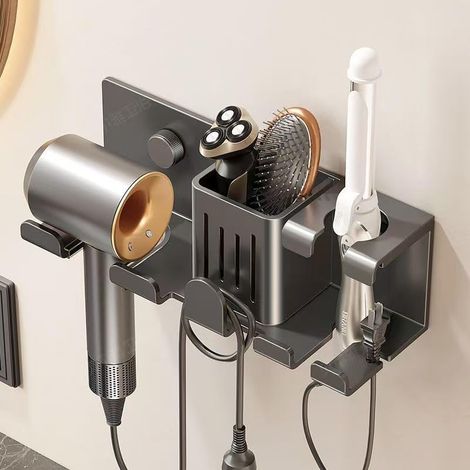 Support Sèche-Cheveux Mural sans Perçage 3-en-1, Porte Sèche-Cheveux Salle de Bain pour Sèche-Cheveux, Lisseur et Fer à Boucler, Support Métal avec Ventouse pour Hôtel, Salon de Coiffure (1/5)