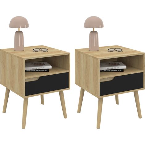 Idmarket – Lot de 2 tables de chevet scandinaves 1 tiroir – Niche effet hêtre et noir – Dimensions 40x40x50 cm – Pieds en bois fuselés 22.5 cm