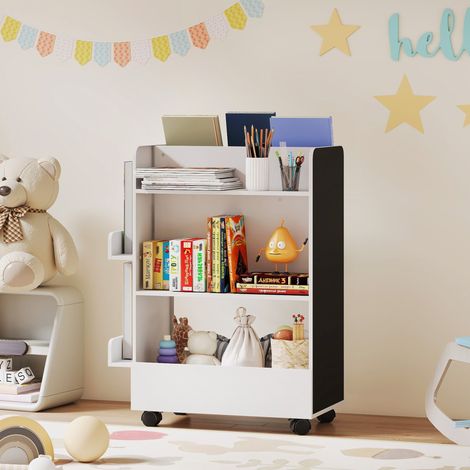 Libreria per bambini con ruote, contenitore per libri per bambini dai 3 agli 8 anni con lavagna, 66,5x32,5x86,5 cm, bianca