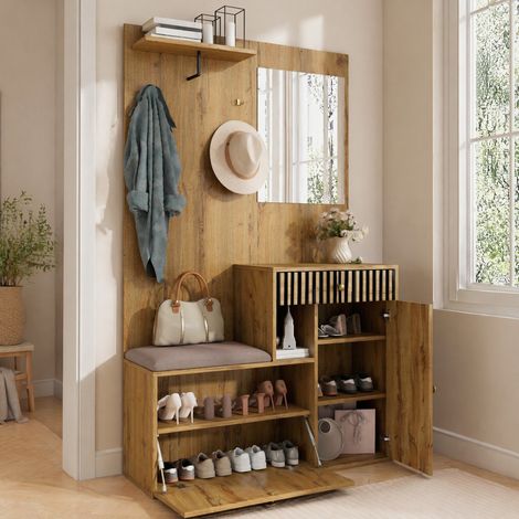 Mobile ingresso con specchio, ganci e panca 110 x 37 x 185,5 cm, MDF HAVRYA (1/5)