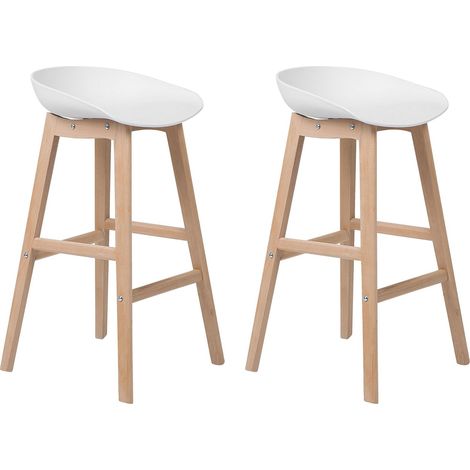 Set di 2 Sgabelli Alti in Legno Chiaro e Plastica Bianca 85 cm Miccio