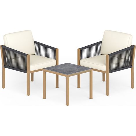 Salon de jardin beige en corde tressée avec coussins, structure en métal et table effet marbre pour balcon, terrasse et porche (1/5)