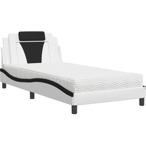 Lit simple  Lit adulte  Lit Viana avec matelas blanc et noir 100x200 cm similicuir
