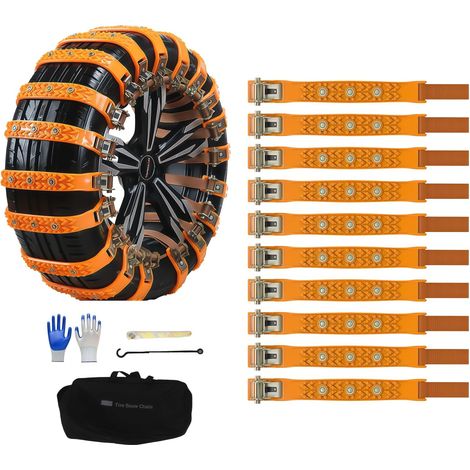 Lot de 10 chaînes à neige universelles pour voiture avec sac de rangement et outils - 165-265 mm - Pour voiture, camion, SUV - Antidérapantes - Réglables - Pour l'hiver (clous simples)