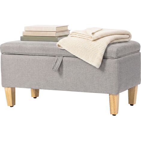 Pouf de rangement en lin look gris clair, repose-pieds rembourré avec pieds en bois d'hévéa, coffre de rangement à tiroir (1/5)