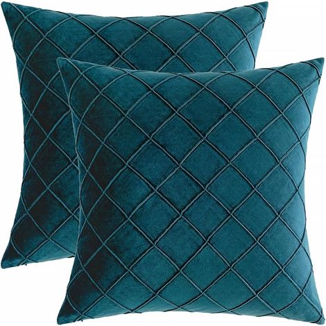 Lot de 2 Housses de Coussin Satinées Quadrillées Bleu Vert, Style Européen 45x45cm, Décoration Moderne pour Salon et Canapé (1/4)