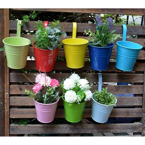 Vaso da fiori sospeso in ferro colorato, vasi da fiori per balcone, vaso per piante da giardino, secchio per fiori in metallo, porta fiori, 10 colori casuali (1 pz) (1/4)