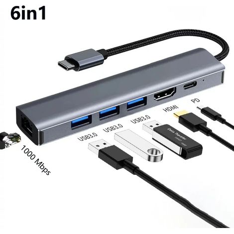 Hub multiport (6 en 1), adaptateur Ethernet USB, 1000 Mbps, USB 3.0, RJ45, pour ordinateurs portables et PC