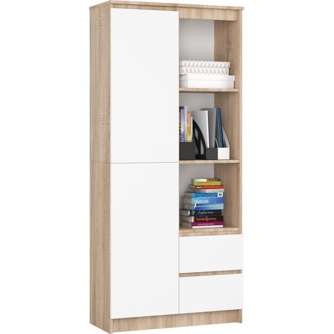 Librería AKORD R11 Roble Sonoma 80 cm 2 puertas 2 cajones frente en color Blanco 7 estantes 80x35x180 cm (1/5)