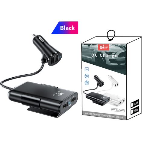 New 4-port car charger, front and rear seat compatible, 4 USB ports, in stock, 1-to-4, QC3.0, black, [small color box packaging] (1/3)