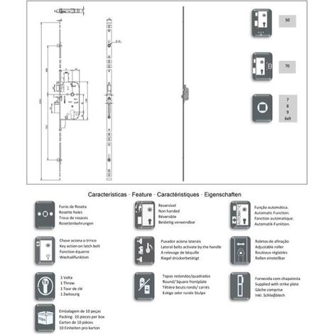 Secury-T – Serrure 3 points à encastrer – Système à rouleau automatique – Acier – Axe 50mm – Entraxe 70mm – Épaisseur 14mm – Réversible