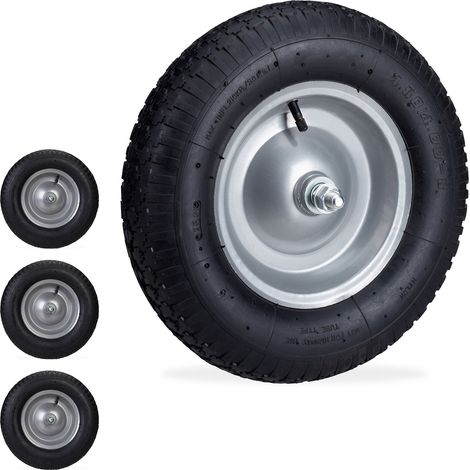 4 x Schubkarrenrad 4.80 4.00-8, luftbereiftes Ersatzrad inkl. Achse, Stahlfelge, Komplettrad bis 120 kg, schwarz