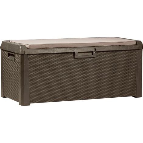 Toomax Santorini baule da 550L multiuso 148x72x64h cm, finitura effetto rattan colore marrone, in plastica resistente anti UV, doppia funzione contenitore e seduta, ideale per esterni