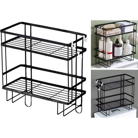 Étagère de toilette épaisse, imperméable, grande capacité, installation sans clous, à fixer au fer, organisateur de salle de bain double couche, noire (1/5)