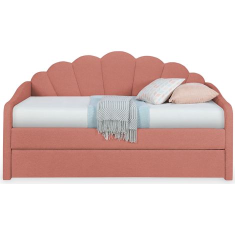 Mobilier Deco – Lit gigogne en tissu bouclette rose 90x190 cm – Conception moderne pour chambre enfant – Matériau doux et résistant – Gain de place (1/4)