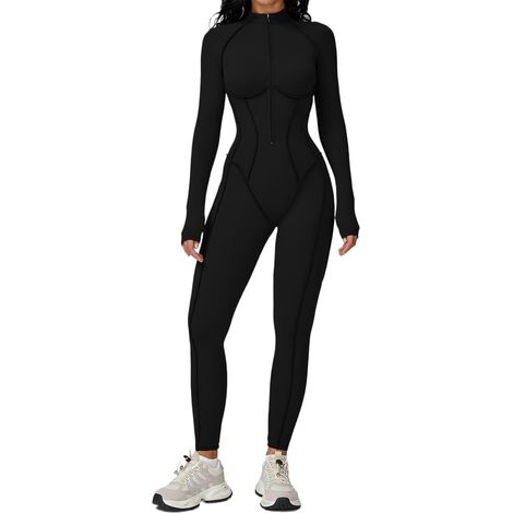 Combinaison à Manches Longues et Coutures Profilées pour Femmes Combinaison Moulante Sexy à Fermeture Éclair pour le Sport, avec Effet Gainant au Niveau du Ventre (1/5)