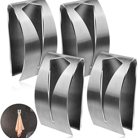 4Pcs Kitchen Towel Holder Grabber Self Adhesive, Stainless Steel Kitchen Dish Towel Hook, No Drilling Wall Mount Towel Rack Towel Holder, Silver (1/5)