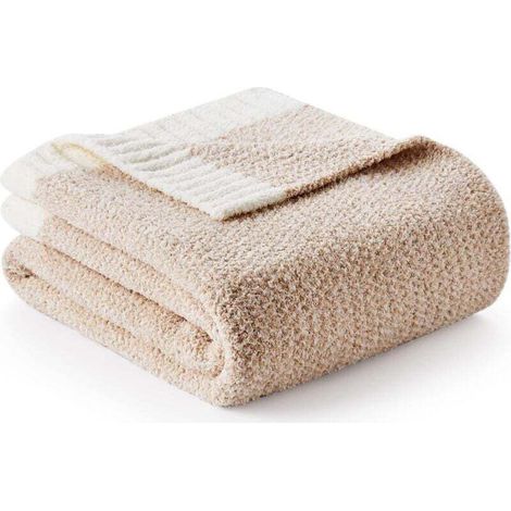 Couverture en microfibre beige mélangée de luxe, réversible, ultra douce, chaude et confortable, en maille douce, idéale pour les canapés, les lits et le camping, beige, 130 x 160 cm