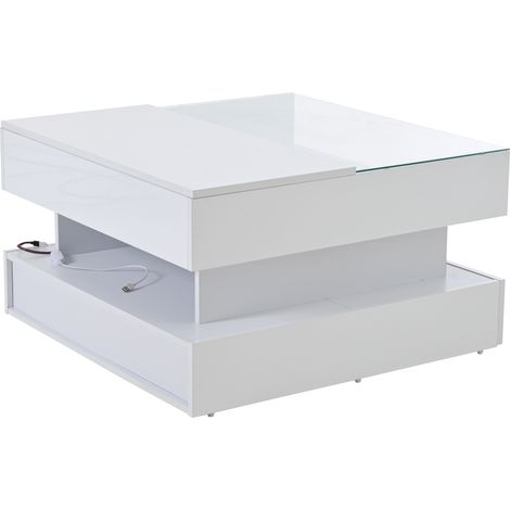 Mesa de centro elevable 80x80x45 cm con almacenaje, 2 cajones, LED, blanco brillo (1/5)