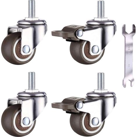 Lot de 4 petits roulettes pour meubles 38 mm en caoutchouc souple TPE M8 x 20 mm Filetage (2 pièces avec frein) (1/5)