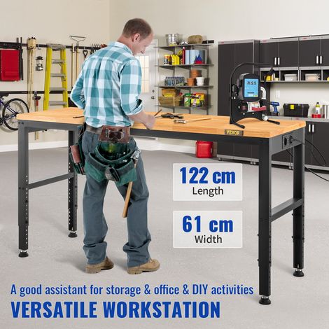 Établi Garage Atelier 122x61x97 cm Table de Travail Hauteur Réglable 72-97 cm, Établi Plateau en Bois de Chêne Cadre en Acier, Établi Multifonctionnel Robuste Stable pour Réparation Bricolage (1/5)
