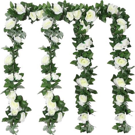 Künstliche Blumengirlande, Rosenranke, Hochzeitsdekoration, 4 Stück, Seidenblumen-Dekoration, künstliche Pflanze, hängende Blumen für Party, Garten, Zuhause, Bogen, Zeremonie, Wand im Freien (weiß) (1/4)