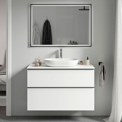 BERNSTEIN - Meuble sous vasque suspendu salle de bain MDF Blanc mat, plan vasque Blanc mat, poignée métal Noir mat - 80x46x62cm - LAVOA Blanc mat, Noir mat, Blanc mat