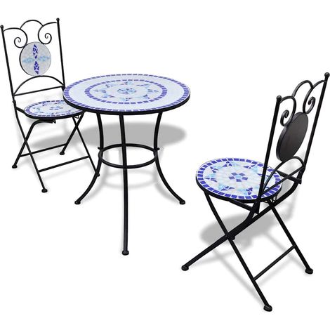 Ensemble bistrot 3 pièces en mosaïque céramique bleu et blanc pour jardin, terrasse ou balcon - PANGIVO (1/5)