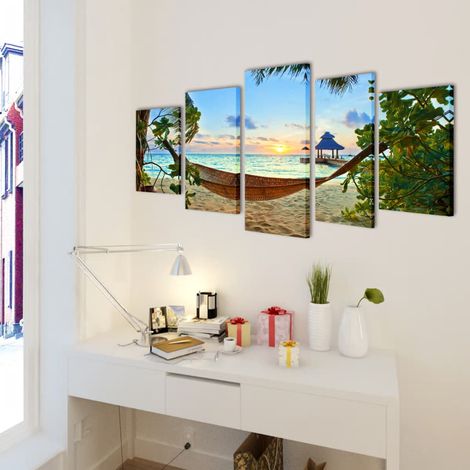 Set de toiles murales imprimées Plage avec hamac 100 x 50 cm CFW750126 (1/3)
