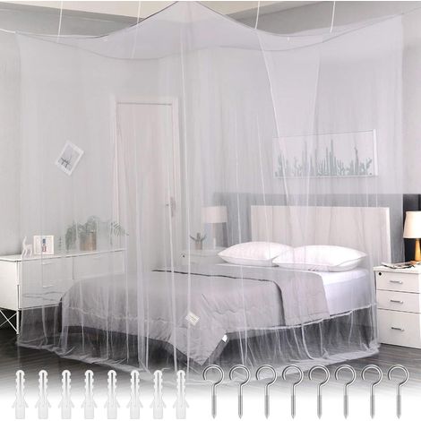 Moustiquaire Lit Double Blanche 180x180x195cm,Ciel de Lit Cabane Polyester de Suspendu,Moustiquaire pour Lit Baldaquin avec Ouvertures Latérales