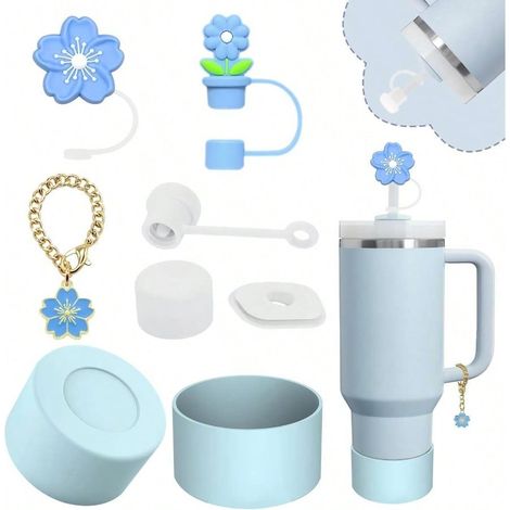 Ensemble d'accessoires décoratifs pour gobelets 20, 30 et 40 oz, comprenant 2 couvre-pailles, 3 bouchons anti-déversement en silicone, charm de poignée fleur et housse silicone pour tumbler (1/5)