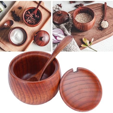 Boîte à Sel en Bois avec Cuillère et Couvercle - Récipient à Épices Vintage pour Cuisine (1/5)