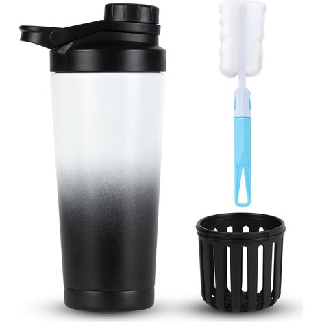 Vaso mezclador de proteínas de acero inoxidable de 750 ml, botella mezcladora de acero inoxidable con doble pared aislada y rejilla para remover, botella mezcladora de proteínas para bebidas proteicas