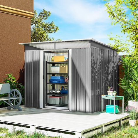 Cobertizo de Jardín Exterior 4,5 m² 260x194x200 cm con Paneles Frontales Transparentes y 2 Puertas Corredizas Gris (1/5)