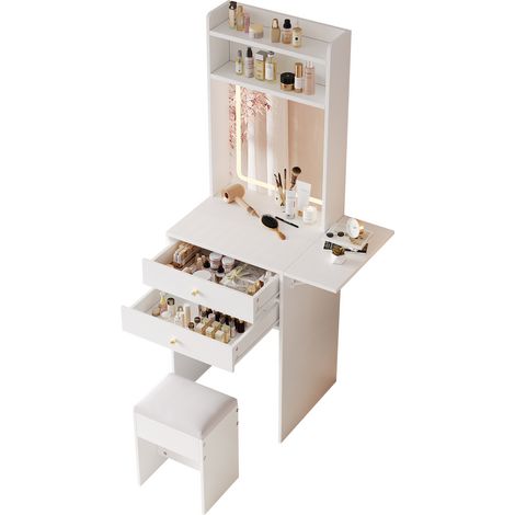 ELVMI Toeletta con Specchio, 2 Cassetti, 2 Vani e Piano Pieghevole, LED Regolabile, in MDF, 75 x 45 x 156 cm, Bianco (1/5)