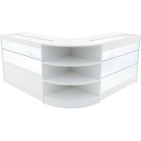 Comptoirs de Vente en MDF Blanc à LED Blancs Ensemble Calliope LM60 K1200 C1200 3 Unités de Rangement Étagères Internes Portes Coulissantes Verouillables Réception Vêtements Bijoux [Clés INCLUS] (1/5)