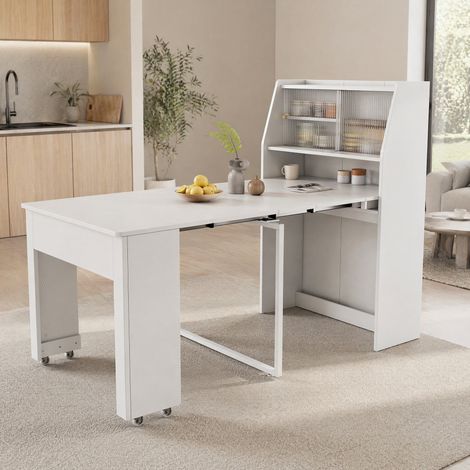 Ausziehbarer Esstisch, L52/132.5B80H76cm, Einweg-Ausziehtisch, Esszimmer-Stauschrank, Esstisch mit Stauraum, Rechteckiger Esstisch, Coffee Lounge Tisch, Platzsparender Multifunktions-Esstisch, Weiß (1/5)