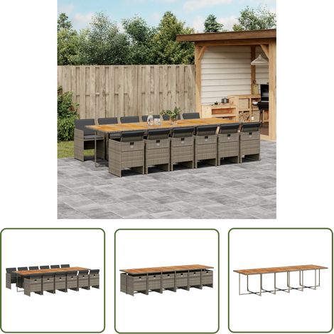 The Living Store 13-tlg. Garten-Essgruppe mit Kissen Grau Poly Rattan - Gartentisch - Gartenmöbel Set - Esstisch - Gartenstühle - Outdoor Möbel