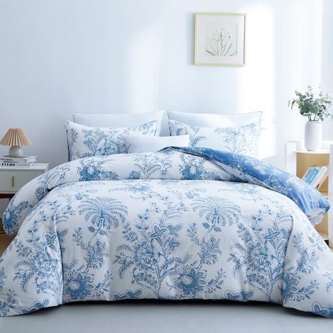 Parure de lit 3 pièces avec Housse de Couette et 2 taies d'oreiller à Motif Floral pour Toutes Les Saisons, Respirante, Fermeture éclair, Grand lit, 228,6 x 228,6 cm, Blanc et Bleu (1/5)