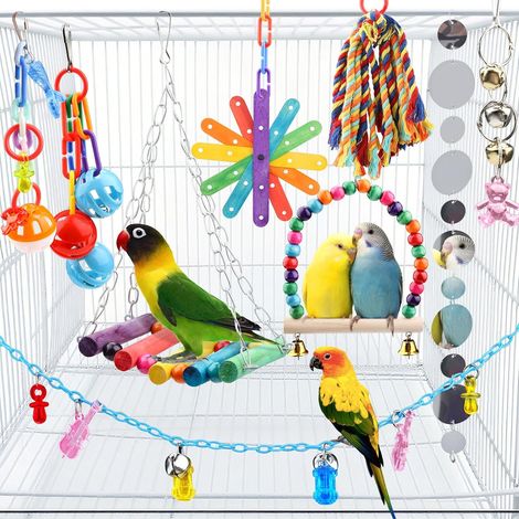 Jouets pour Oiseaux, 9 Pièces Jouet Perroquet, Jouets à Mâcher à Suspendre, Accessoire de Cage à Oiseaux, Balançoire, Échelle, Cloches, pour Perroquet, Pinsons (1/5)
