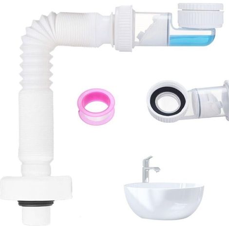 Tuyau D'évacuation Anti-Odeurs G1-1/4, Isolation par Joint en Silicone, Rotation à 360°, Tuyau de Drainage Flexible, Flexible et RéTractable, Adapté aux éviers, Salles de Bains et Cuisines (Blanc) (1/5)