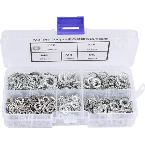 700pcs rondelles de Blocage, rondelle dentée galvanisée rondelle dentée Ensemble Plat rondelle dentée Attaches kit d'assortiment Outil M3/M4/M5/M6/M8 Combinaison (1/5)