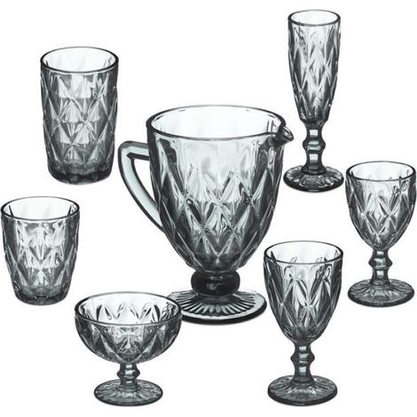 Lot De Verres - 7 Pièces Verre Gris - Cruche Pichet 1 3 L - Bol À Glace 300 Ml - Verres À Vin Eau Champagne - Pour Maison Et Cadeau (1/5)